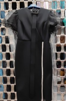 Rochie din neopren cu bust petrecut,maneci organza si strasuri pe picior