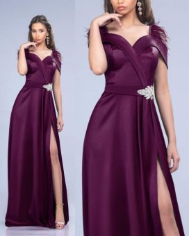 Rochie din tafta mov pruna cu accesoriu in talie