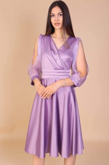Rochie lila din taftă premium si maneci despicate din organza