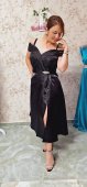 Rochie neagra din tafta perlată si crepeu pe picior