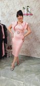Rochie roz prafuit din neopren cu aplicatii pe umar 